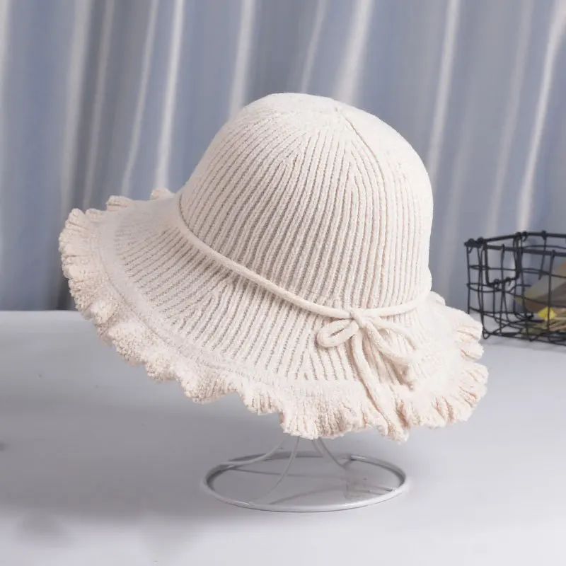 Pure color chenille bucket hat 2109 new female Wild Joker Sunshade basin hat with big brim retro hat autumn/winter hat for women - Цвет: Бежевый