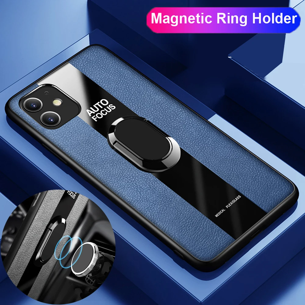 Синий Гибридный чехол с магнитным кольцом и подставкой для iPhone 11 Pro Max XR XS X, резиновый чехол из искусственной кожи и закаленного стекла, гибридный чехол для iPhone 6s 8 - Цвет: Синий