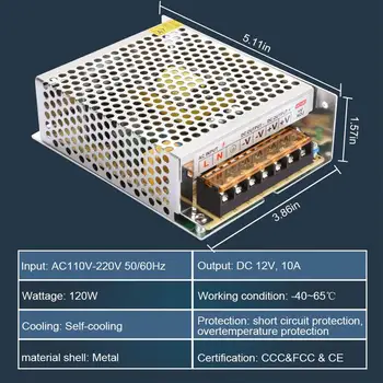 

Switching Converter, AC/DC Power Supply Adapter Transformer Driver for LED Strip Lights, AC 100V/240V to DC 12V 10A 120W LED Str