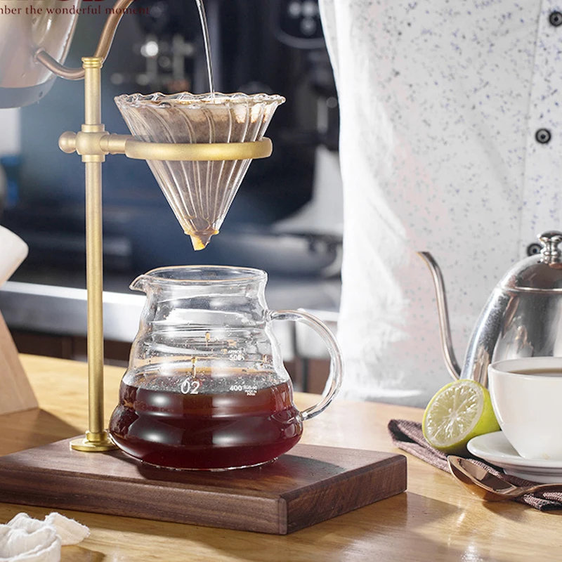 

Hand Brewed Coffee Filter Set Pure Copper V60 Coffee Dripper Stand Adjustable Height Solid Wood Base