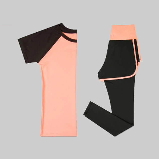 Orange 2Pcs Set Женский набор для йоги фитнес одежда футболка 2 в 1 легинсы для бега для пробежки тренировки Леггинсы для йоги спортивные костюмы плюс спортивная одежда - Цвет: Orange 2Pcs Set
