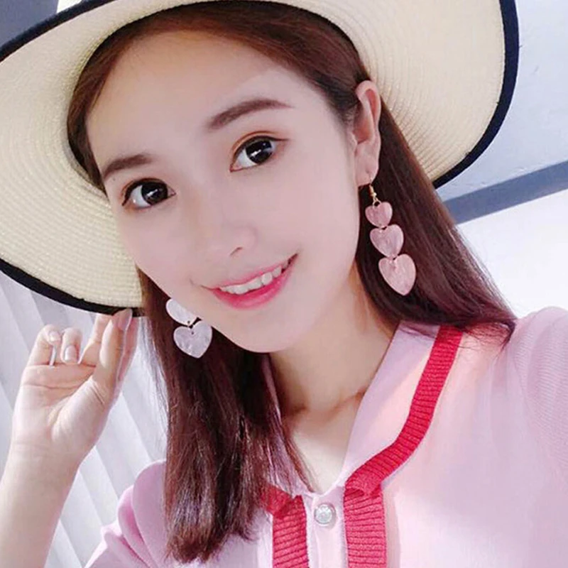 Hot Lovely Girl Pink Heart Earrings Love Long Tassel Korean Acrylic Earrings Personality Earrings