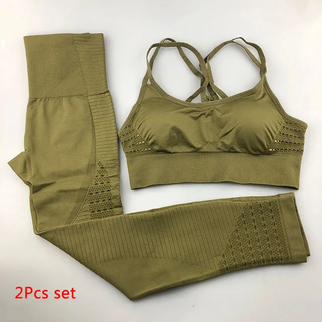 Armygreen2pcsset 2 шт. бесшовный комплект для йоги, женская одежда, спортивная одежда, женские леггинсы для спортзала, фитнеса, штаны с мягкими чашечками пуш-ап, спортивный бюстгальтер, спортивные костюмы - Цвет: Armygreen2pcsset