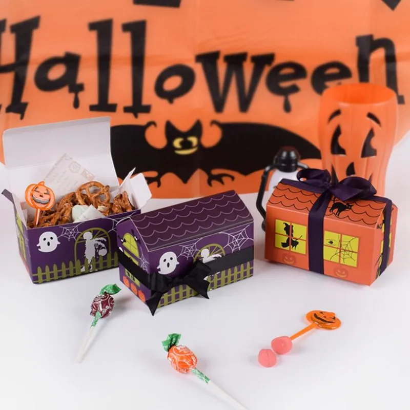 

Hot sale new 10pcs orange /deep purple fashion Halloween horror house nougat candy box spot creative Halloween baking package