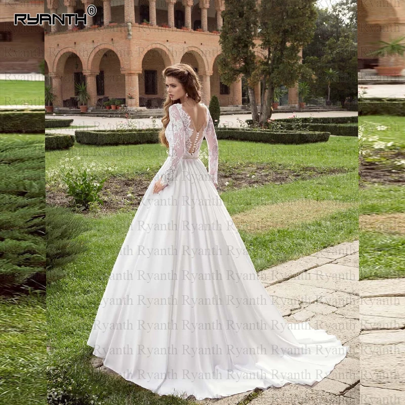 Robe de mariee романтическое кружевное атласное свадебное платье с длинными рукавами и карманами Свадебные платья с поясом со стразами на заказ