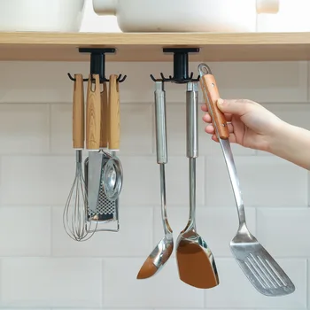

Kitchen and bathroom top plate wall hanging 6 hook rack rotatable hook without nails without trace paste spatula soup spoon rack