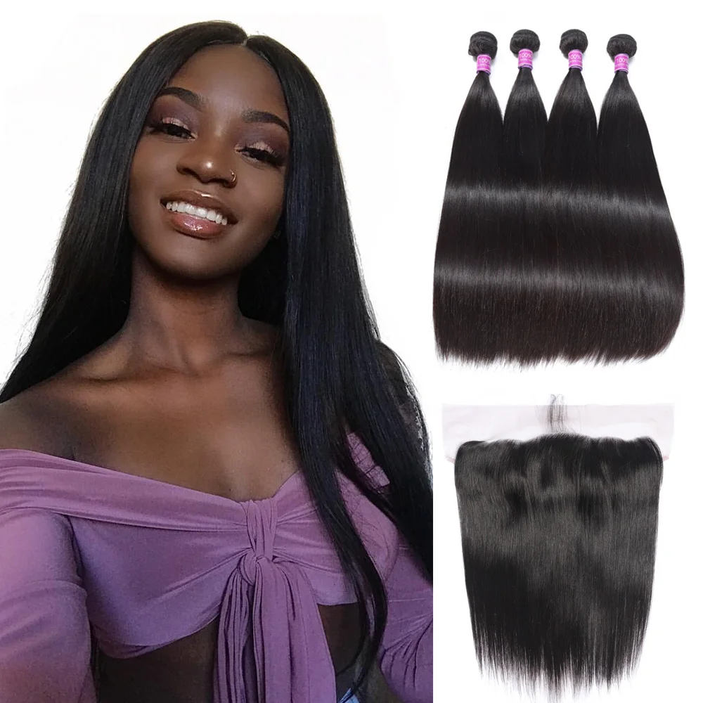 

Brazilian Human Hair Bundles with Lace Frontal 3 Bundles With Lace Closure Natural Color Remy Virgin Human Hair 13x4 Lace Front