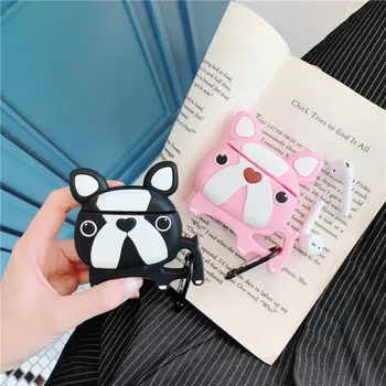 

pink black cute cartoon bulldog silicone wireless headphone cover for apple airpods charger box bag case BIA622