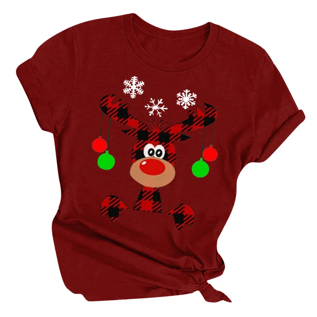 Женские рождественские рубашки с круглым вырезом и принтом, женская футболка с коротким рукавом, повседневные стильные топы, осенняя и зимняя рубашка с коротким рукавом - Цвет: Cute Dear Wine