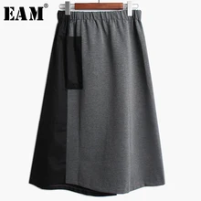 [EAM] Асимметричная юбка с высокой эластичной резинкой на талии и задним карманом контрастного цвета, женская модная одежда, Новинка весна-осень, 1K392