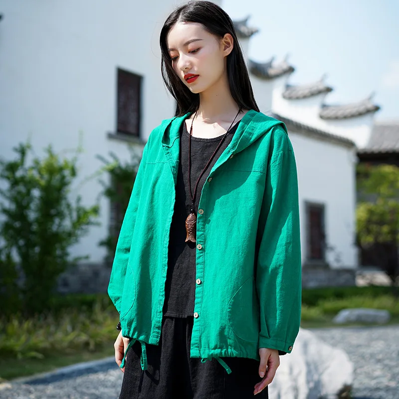 Women Autumn Solid Color Cotton Linen Short Coat Ladies Single Breasted