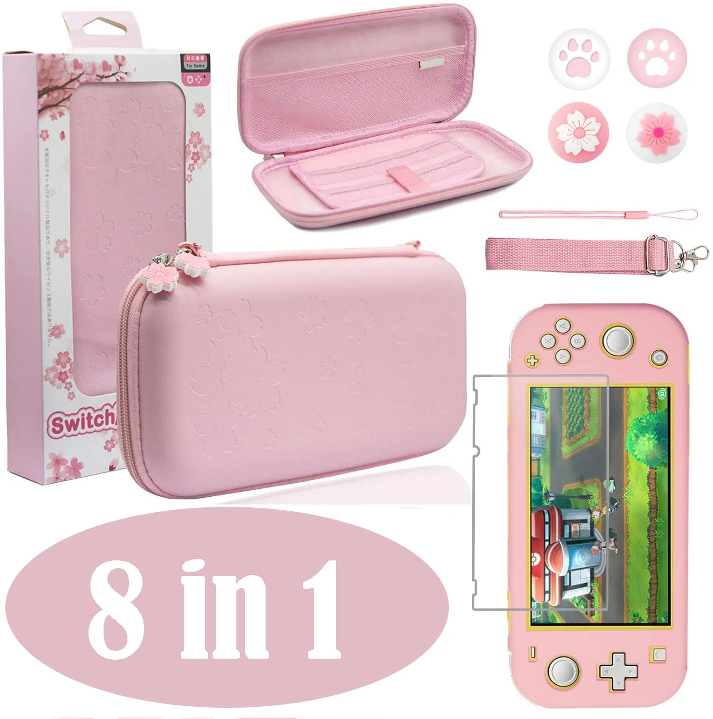 Kit de Acessórios para Transporte Nintendo Switch Lite em Rosa Vidro Protetor de Tela Polegar Aderente