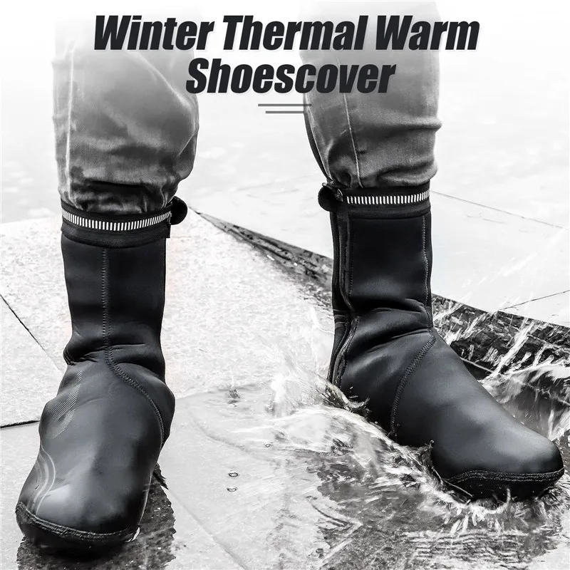 Winter Warm Cycling Shoe Covers MTB Road Bike Boot Covers Reflective Windproof Overshoes Toe Warmer Protector Men Neoprene Black