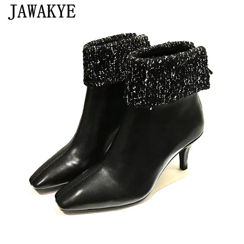 

Shiny Wool Cuff Black Ankle Boots for Woman Square Toe Kitten Heels Shoes Women Back Zip Formal Ladies Dress Boots Botas Mujer