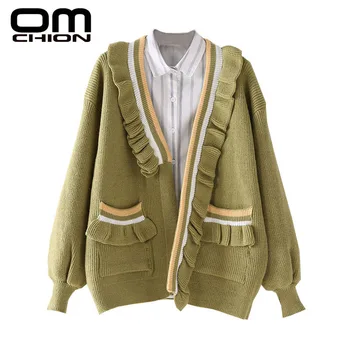 

OMCHION Casaco Feminino 2019 Autumn Korean Pockets Ruffles Cardigan Winter Coat Women Casual Pockets Thick Knit Sweater LP191