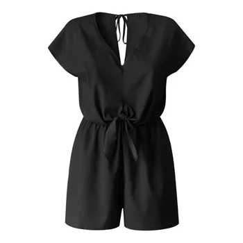 

Women Summer Cotton Short Sleeve Casual Solid Color Round Collar Loose Jumpsuit