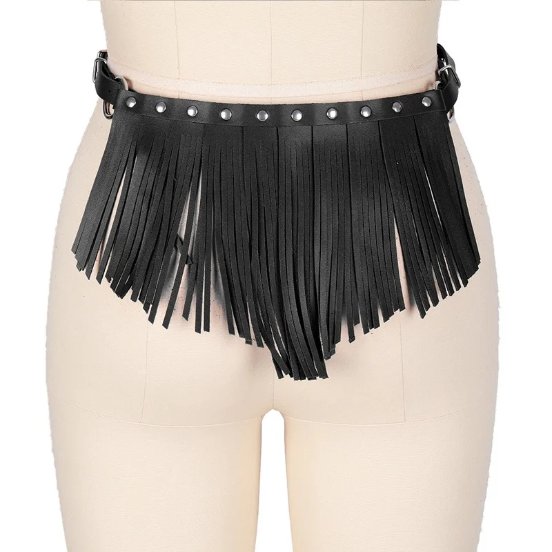 Black Tassel Leather Harness Garter Cage Waist Sexy Lingerie Belt Fetish Punk Gothic Bondage Adjust Club Party Wear for Women