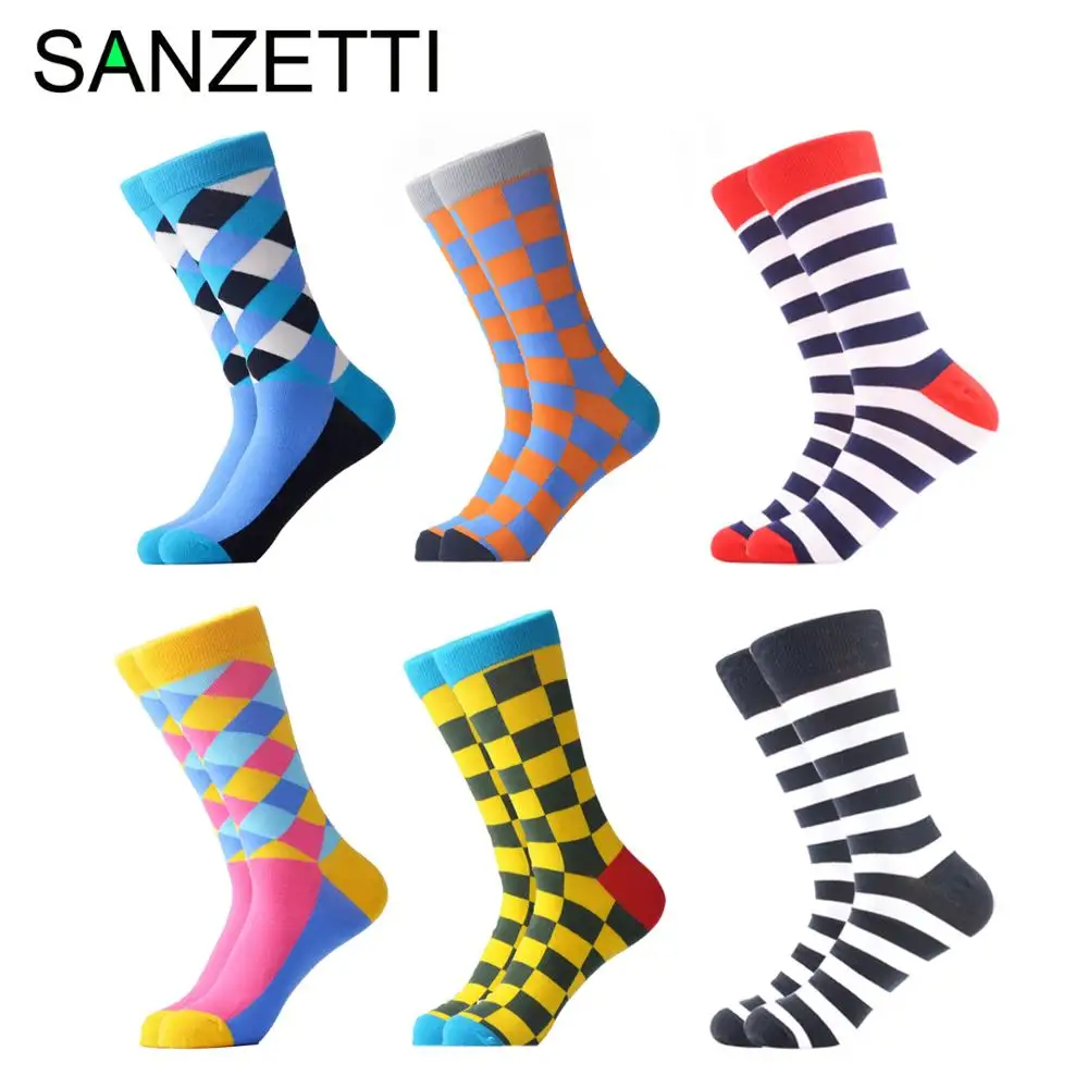 SANZETTI/6 пар/лот мужские цветные повседневные носки из чесаного хлопка удобные с