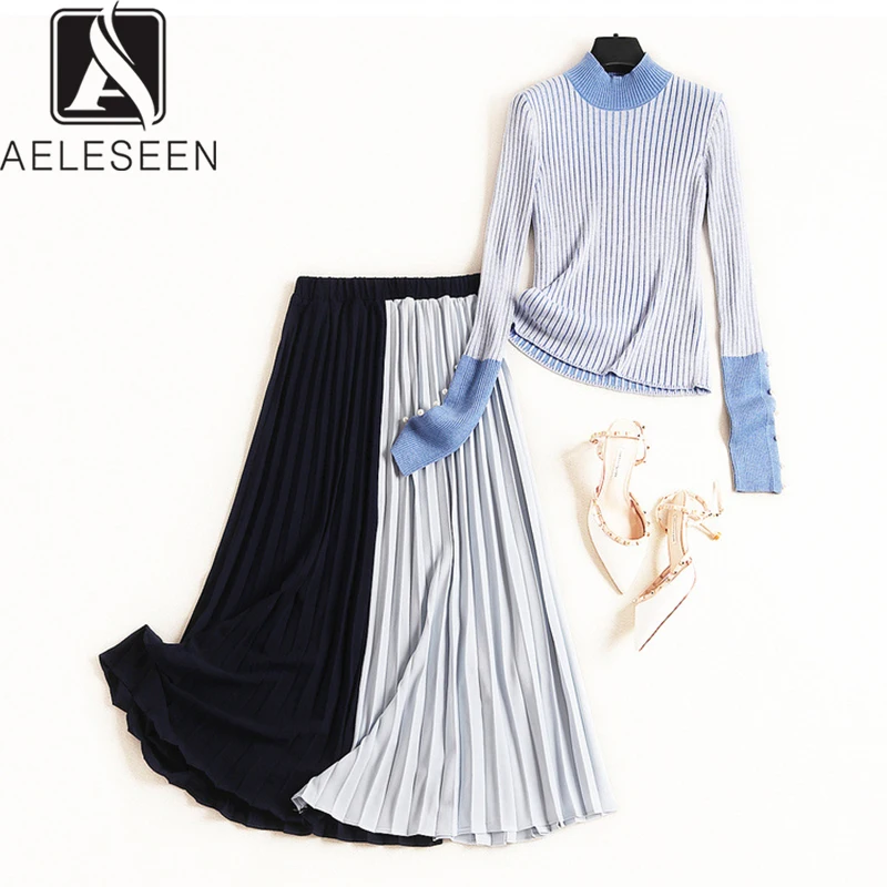 

AELESEEN Office Lady Striped Twinset 2019 Autumn Elegant Pearl Sleeve Top + Luxury Pleated Contrast Color Long Skirt Suits
