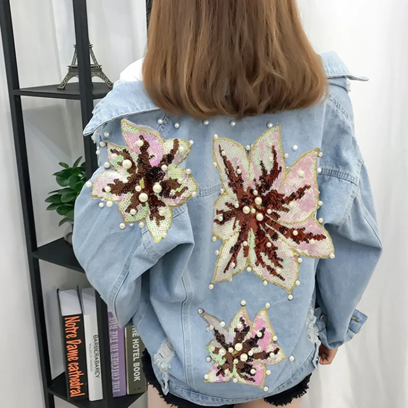 

Ripped Distressed Denim Jacket Women Embroidery Flower Bead Pearl Jeans Jacket For Women Loose Boyfrined Long Sleeve Denim Coat