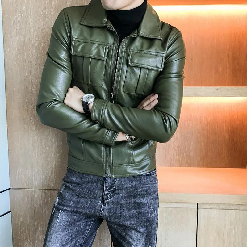 Deri Ceket de cuero con cremallera Hombre, Chaqueta de moto verde, ajustada, Marron, 2020|Abrigos de piel sintética| - AliExpress