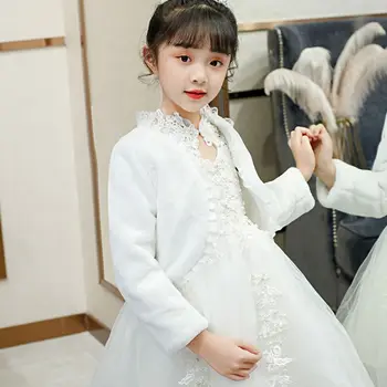 

Flower Girls Winter Long Sleeve Jacket Wedding Plush Warm Floral Lace Shawl Wrap