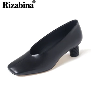

RIZABINA Women Fashion Pumps Shoes Stylish Round Heels Real Leather Shoes Women Square Head Lady Casual Footwear Size 34-39