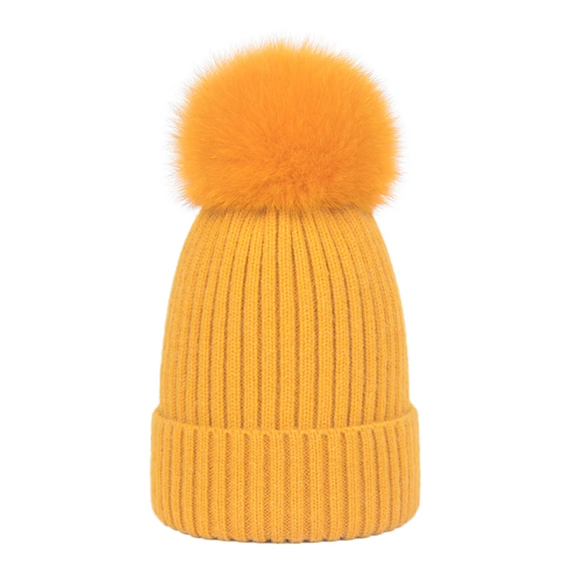 yellow Повседневные хлопковые одноцветные шапочки для девушек и девушек, зимняя женская шапка с меховым помпоном, разноцветные вязаные шапки, женские шапочки - Цвет: yellow