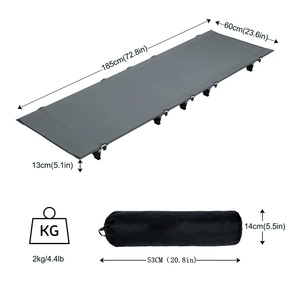 2KG Lightweight Camping Cot Off Ground Folding Single Bed - Carry Bag, Inflatable Pillow - Outdoor Hiking Hunting