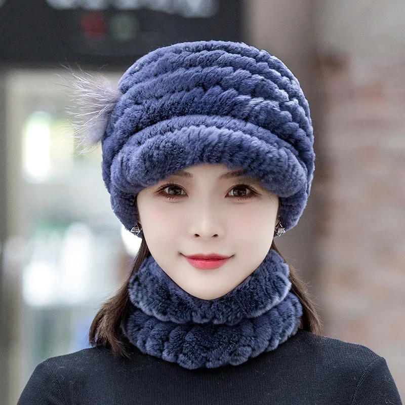 

X135 Fashion Girl Fur Hat Ladies Natural Real Rex Rabbit Fur Hat Scarf Set Women's 100% Genuine Fur Visor Hats Scarf Beanies