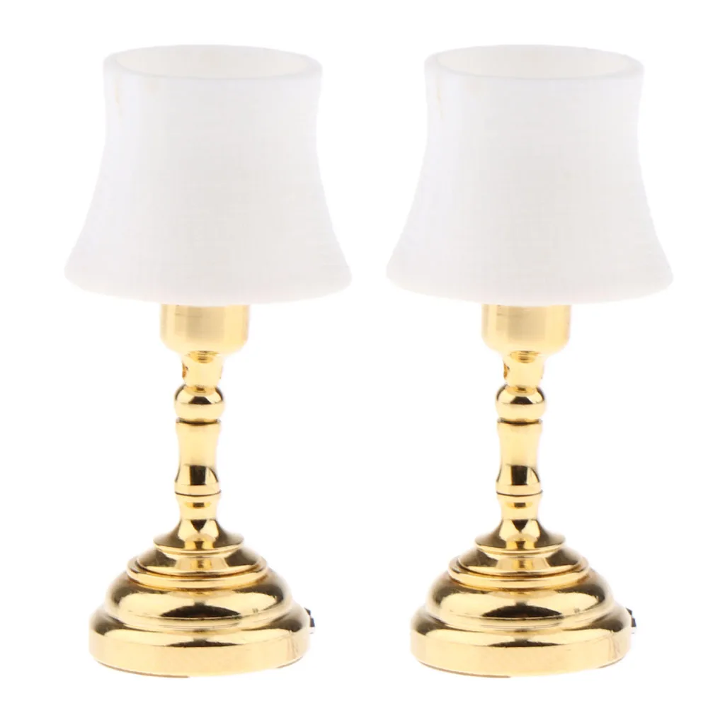2pcs/Set 1:12 Scale Dollhouse Battery Operated LED Desk Lamp Miniature Lights Model, Golden Base with White Lampshade