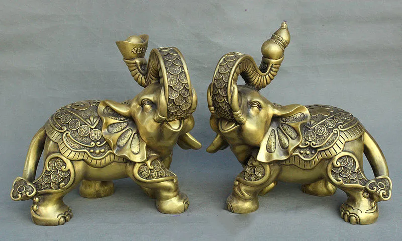

christmas 13" China FengShui Bronze Wealth Yuanbao RuYi Auspicious Elephant Statue Pair
