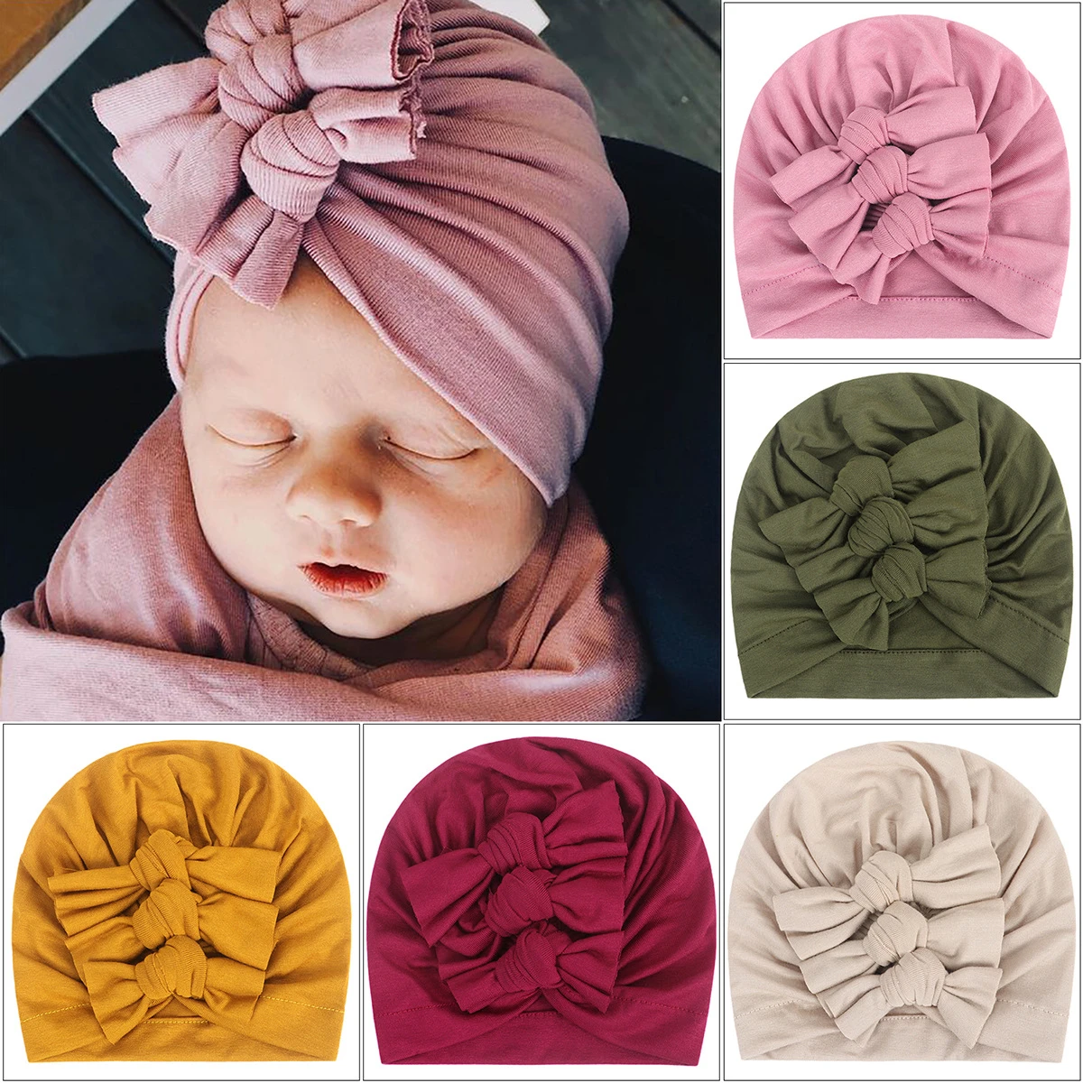 Solid Color Baby Turban Hat Cute Bow Cotton Newborn Infant Beanie Sweet