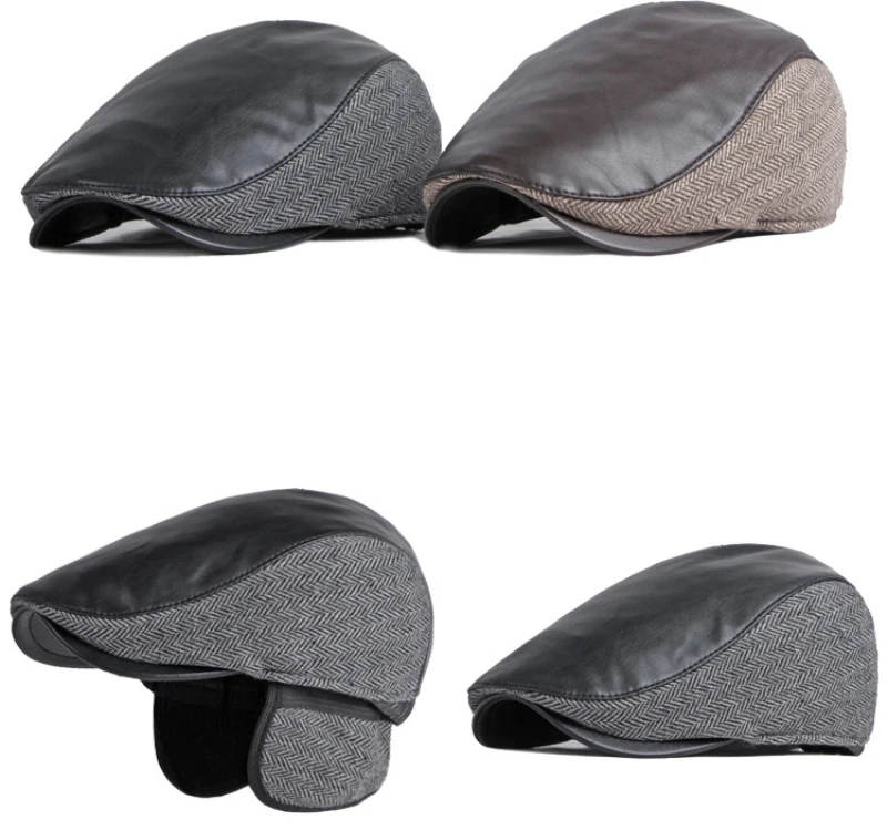 HT3745 Berets Männer Neue Winter Hut Leder Flache Kappe Männlich Plus Größe Baskenmütze Hut Vintage Baskenmütze Kappe Papa Hüte mit Ohrenklappen – Detail 3