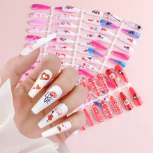 

24 fake pressed nails pink love balloon valentine's Day long wear finished wearable full cover fake nails for little girls