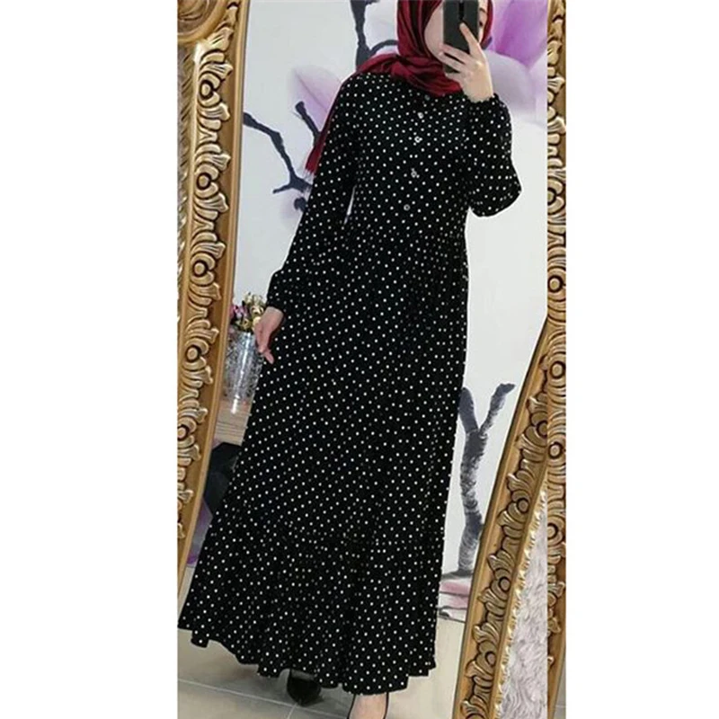 Плюс размер горошек Кафтан Абая Дубай мусульманский хиджаб платье Восточный халат из марокена турецкие платья jilбаб Абая для женщин ислам одежда - Цвет: Black dress