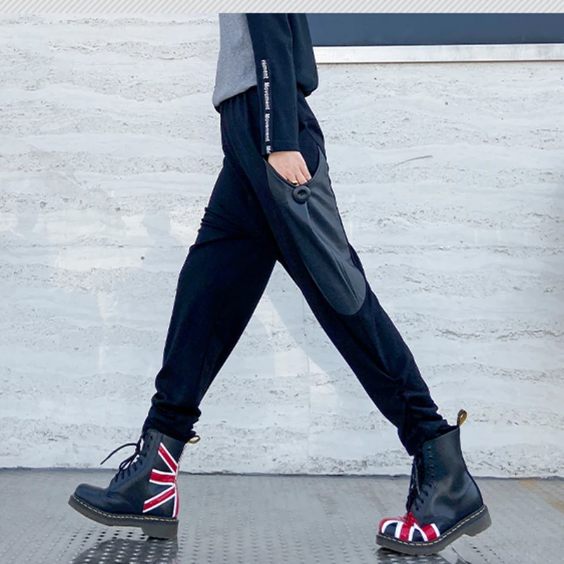 XITAO, Плиссированные Свободные Штаны-шаровары для женщин,, зимние Лоскутные штаны с эластичным поясом и карманами, черные штаны длиной до щиколотки DMY1989