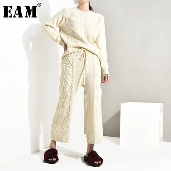

[EAM] 2020 Fashion New Spring Korean Loose Round Necklong Sleeve Knitting Top + Pants Thickening Two Pieces Sweater Set AS116