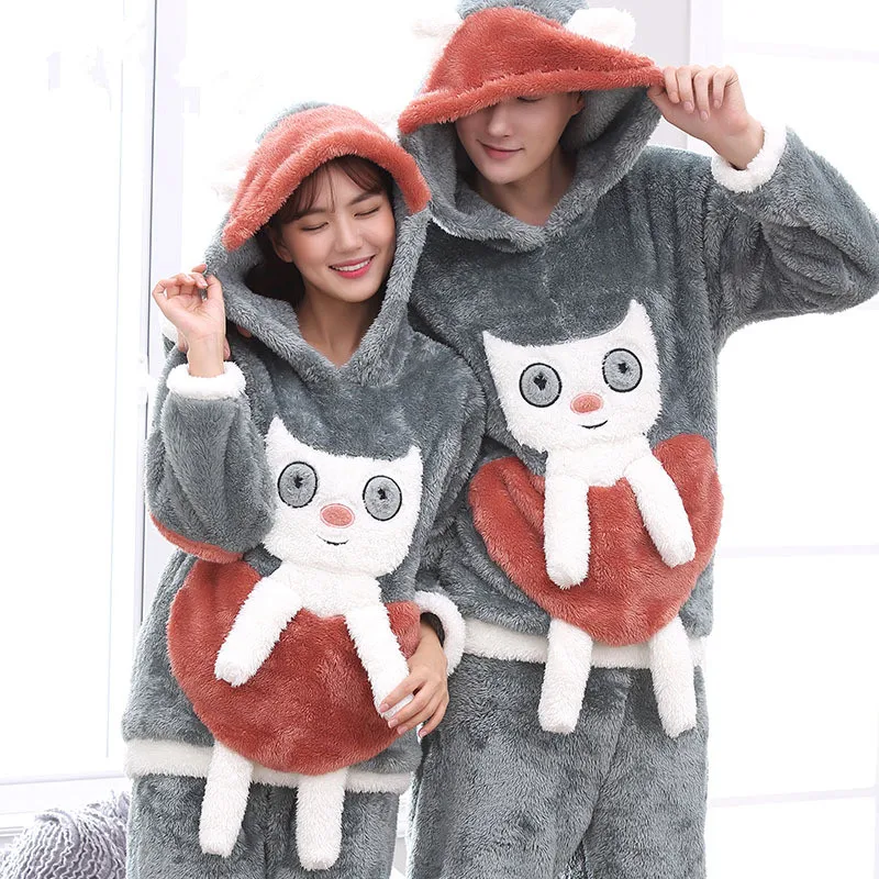 

Soft warm women winter cartoon pajamas set lovely sleepwear suit mens hooded home clothing with pockets couples constumes