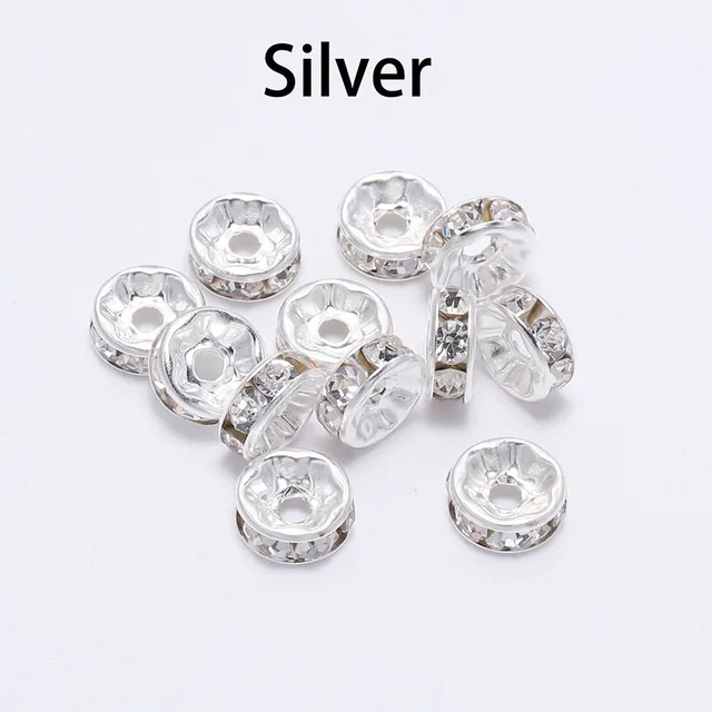 50pcs/lot 4 6 8 10mm Gold  Rhinestone Rondelles Crystal Bead Loose Spacer Beads for DIY Jewelry Making Accessories Supplie Silver