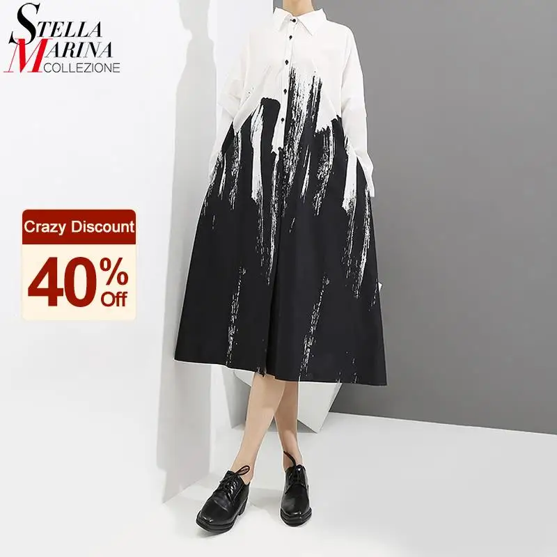 Shirt Dress Robe Femme Painting-Style Long-Sleeve Tie-Dyed Midi Black White Plus-Size