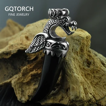 

925 Sterling Silver Pterosaur Pendant For Men Natural Black Onyx Dragon Carved Stone Pendant Thai Silver Jewelry