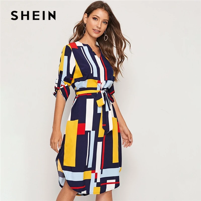 

SHEIN Geometric V Cut Neck Colorblock Casual Dress With Belt Women 2019 Autumn Roll Up Sleeve Button Side Straight Midi Dresses