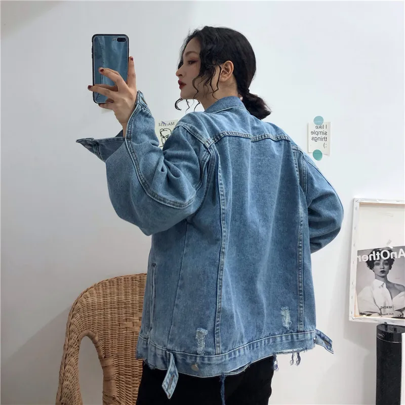 

Photo Shoot 2019 Spring New Style WOMEN'S Dress Korean-style CHIC with Holes Jeans Coat Women's Loose-Fit Long Sleeve Casual Jac