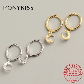 

PONYKISS Real 925 Sterling Silver Zircon Moon Romantic Hoop Earrings Women Fashion Delicate Earrings Accessory Girl Chic Gift