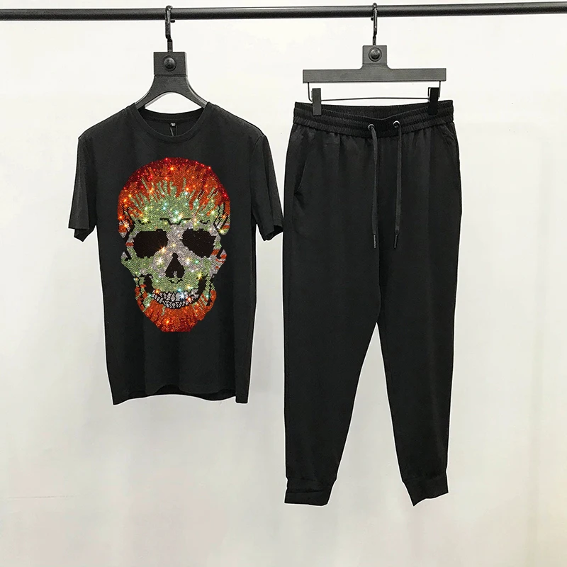 Summer Shiny Skull T-Shirt Hot Diamond Casual Sweatshirt + Pants Men's Sets Black Streetwear Cotton Breathable Track Suit