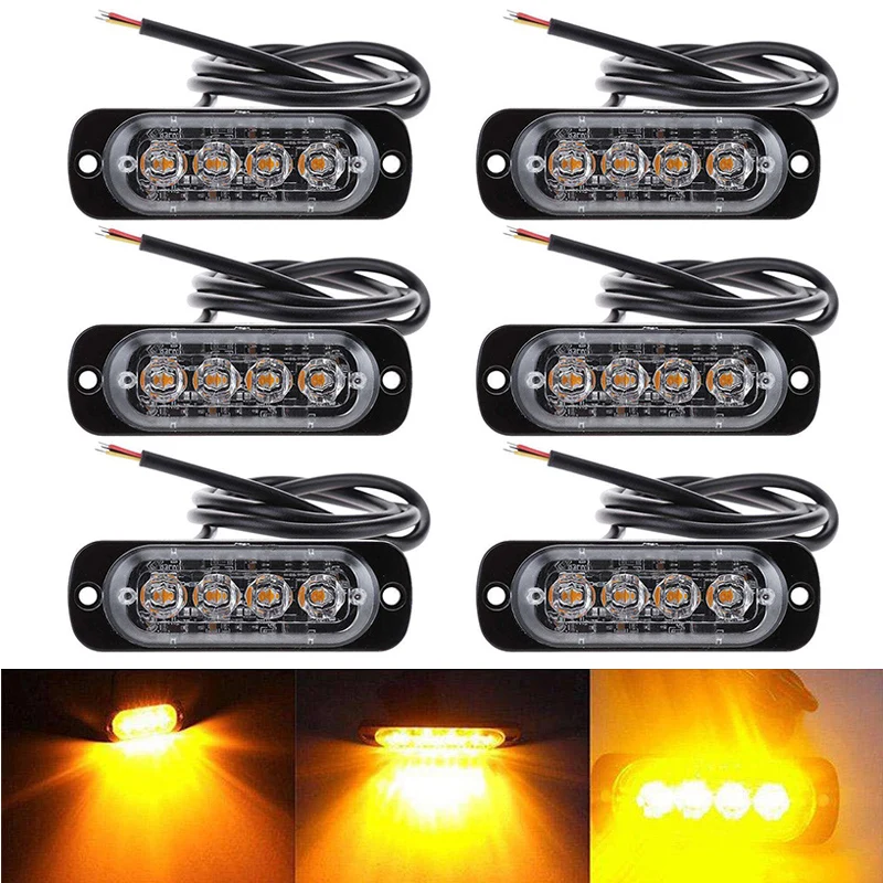 

6pcs/Set 4-LED Lights Bar Car Truck ATV Dustproof 12W 12-24V Amber Strobe Lamps Auto Replacement Lighting Parts