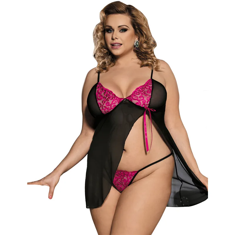Black Babydoll Сетчатая ночная рубашка и стринги с открытой спиной, с экзотическим бантом, Lenceria Mujer, размера плюс, сексуальная прострочка, женская прозрачная, RW80355 - Цвет: Black Babydoll