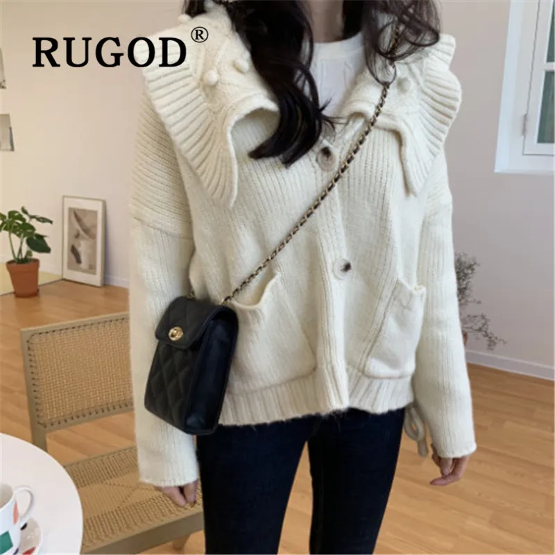 RUGOD, Новое поступление, зимний теплый женский свитер, кардиганы, отложной воротник, с меховым помпоном, свободное, толстое, вязаное пальто, Модный женский топ