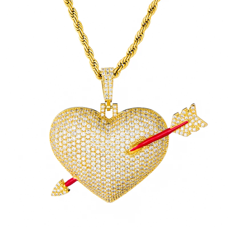 US7 Bling Iced Out Сердце Любви со стрелой ожерелье микро с инкрустацией AAA+ кубический циркон медные ожерелья с подвесками для мужчин хип хоп ювелирные изделия - Окраска металла: Gold